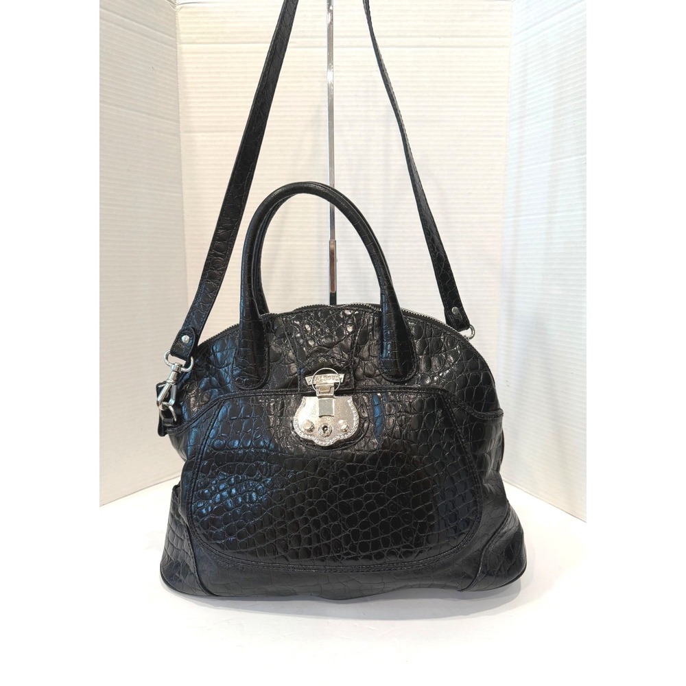 Talbots Large Black Leather Croc Embossed Silver Lock Dome Satchel Purse